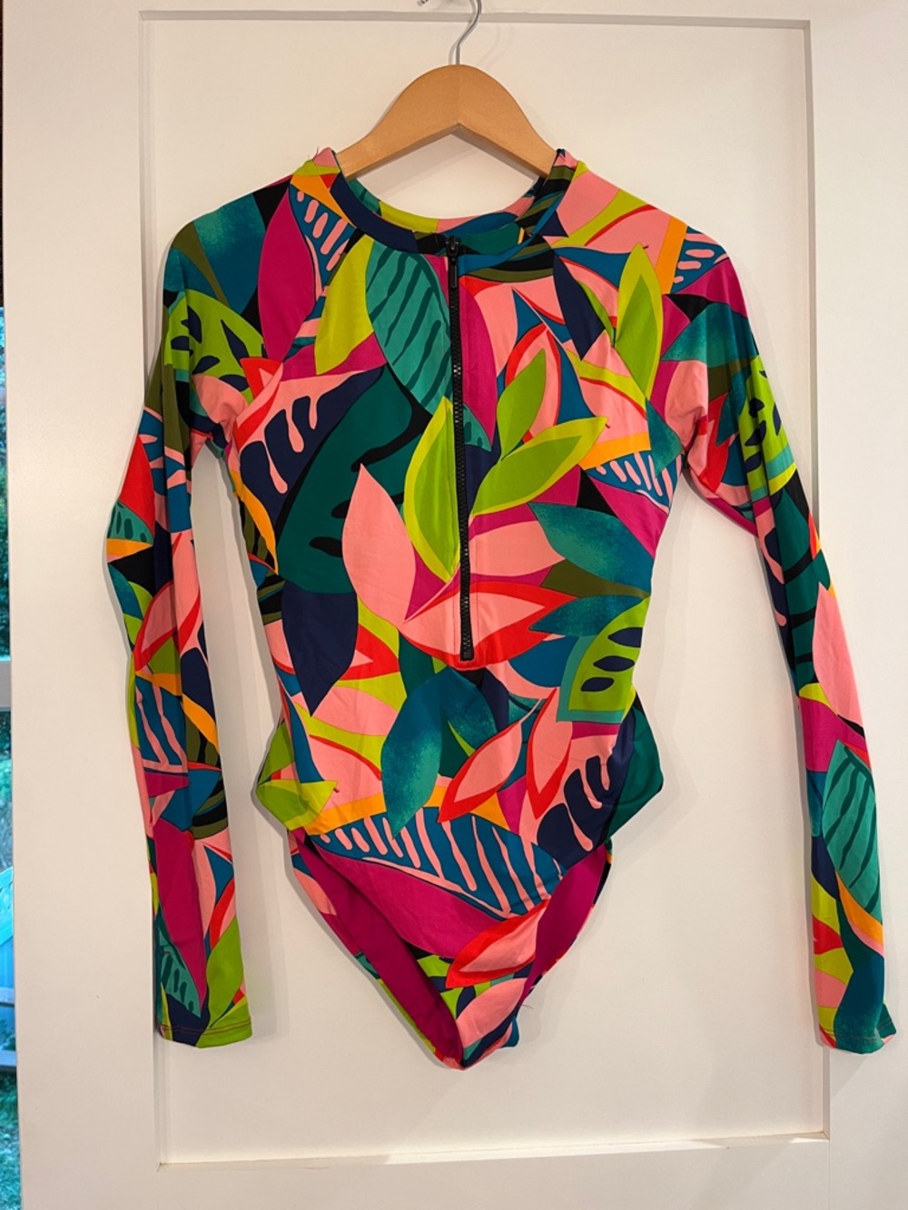 Trina Turk Multicolor Tropical Leaf Long-Sleeve One-Piece